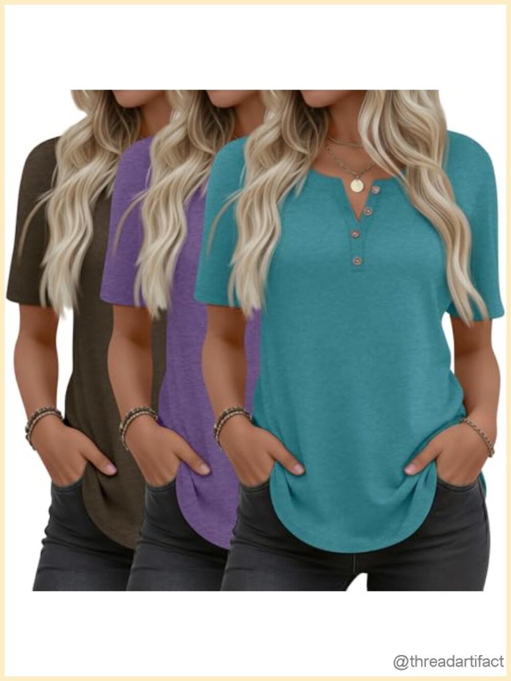 3 Pack Women's Henley T Shirts Curved Hem Crew Neck Short Sleeve Tops Button